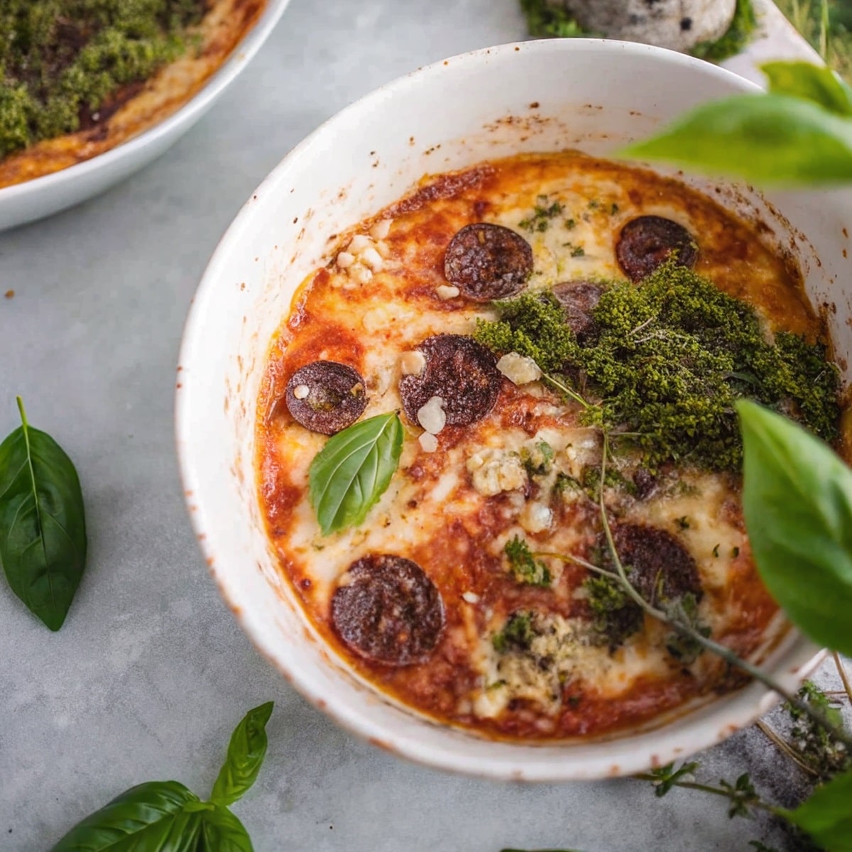 Cottage cheese pizza bowl with melted cheese and basil