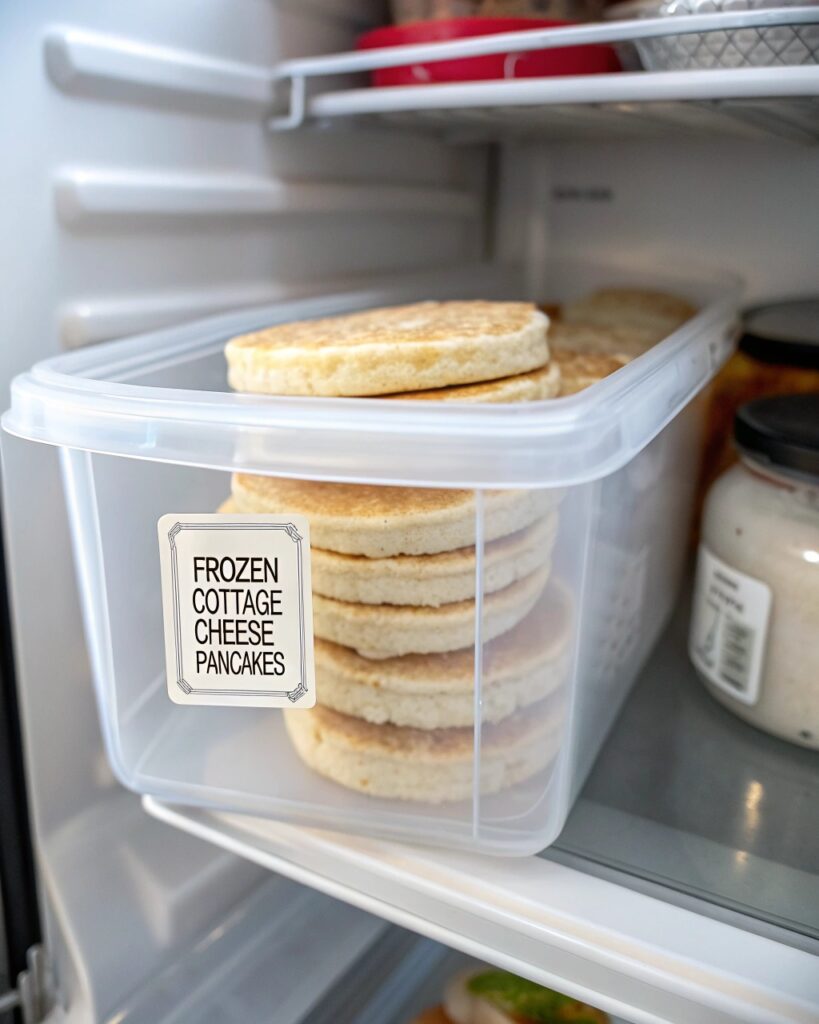 Cottage Cheese Gluten Free Pancakes – The Perfect Healthy Breakfast Option 9 frozen cottage cheese pancakes stacked in a labele