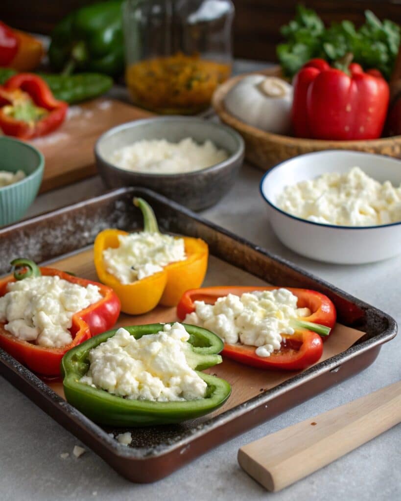 Stuffed Peppers with Cottage Cheese 3 Cottage cheese filling being stuffed into bell peppers