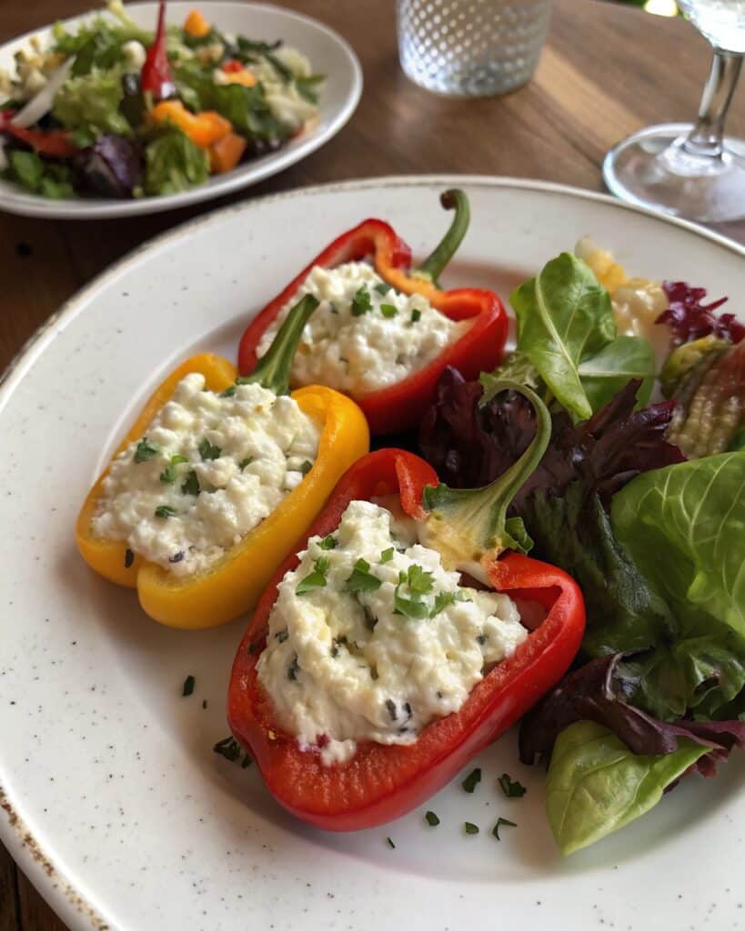 Stuffed Peppers with Cottage Cheese 4 Stuffed peppers with cottage cheese served with salad