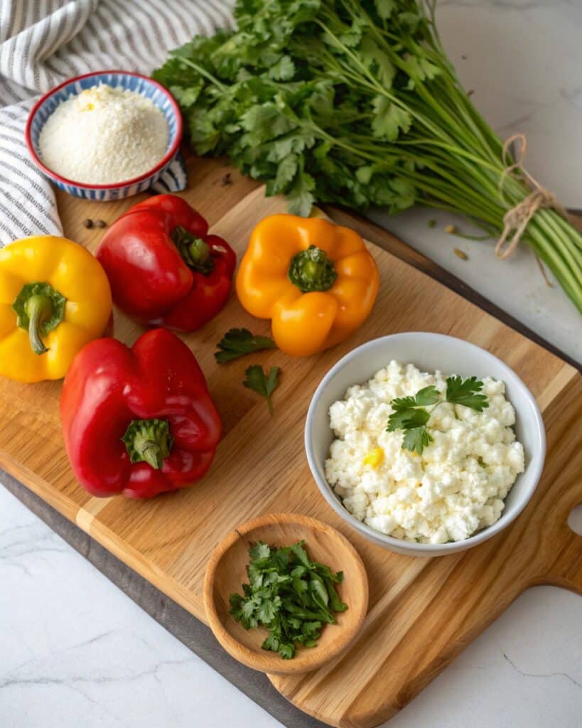 Stuffed Peppers with Cottage Cheese 2 Stuffed peppers with cottage cheese baked and topped with herbs