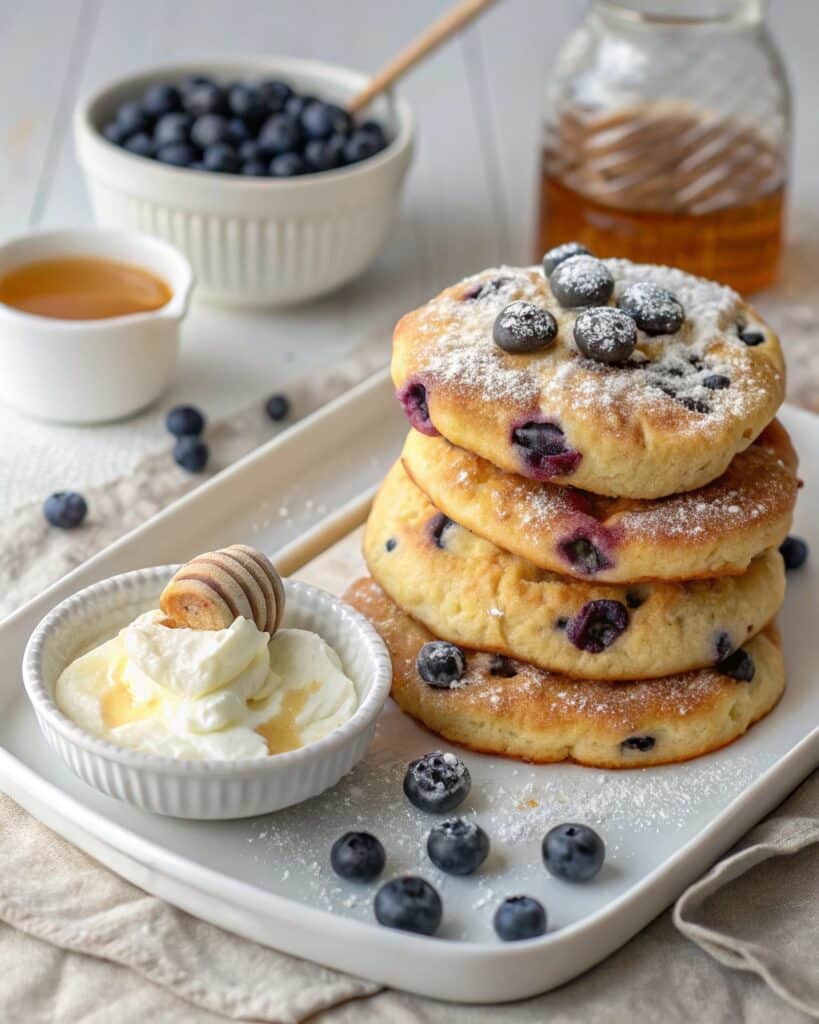 Cottage Cheese Blueberry Cloud Bread: Fluffy, Healthy Breakfast Recipe 8 Serving Cottage Cheese Blueberry Cloud Bread with yogurt and blueberries