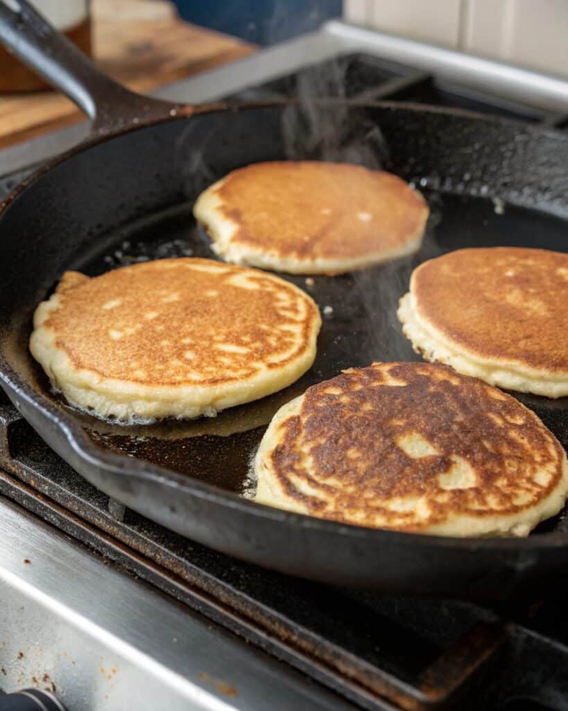 cooking sourdough cottage cheese pancakes in skillet